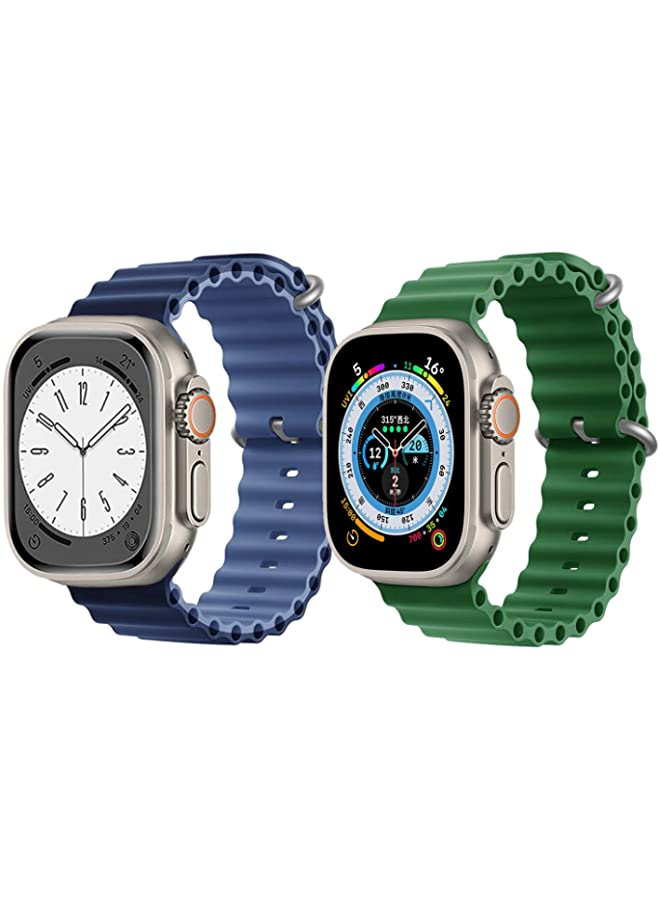 vesus Silicone Ocean Band Strap for Apple Watch Ultra 8 49mm Navy Blue/Blue Double Side Strap with Green Single Color Strap Set of 2