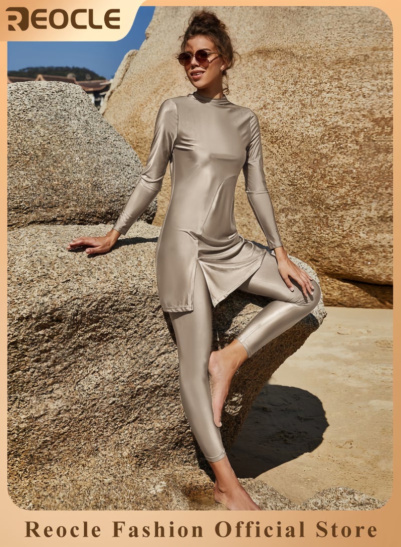 REOCLE Muslim Swimsuit for Women Rash Guard Set 2 Pieces Long Sleeve Modest Swimwear with Swim Cap Surfing Bathing Suit - Image 1