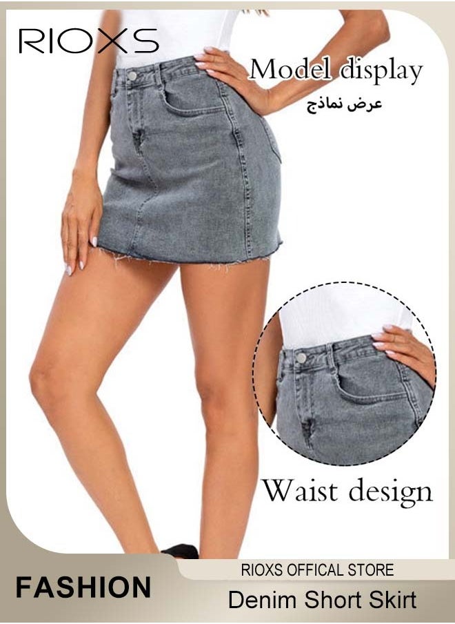 RIOXS Women's Denim Skirt, High Waist Slim Denim Short Skirt, Mini A-Line Skirt, Cargo Skirt with Pockets, Button Jean Skirt For Women, Pair With Sneakers/ High-Heeled Shoes/ Martin Boots, Denim on Denim Skirt for Women  - Image 2