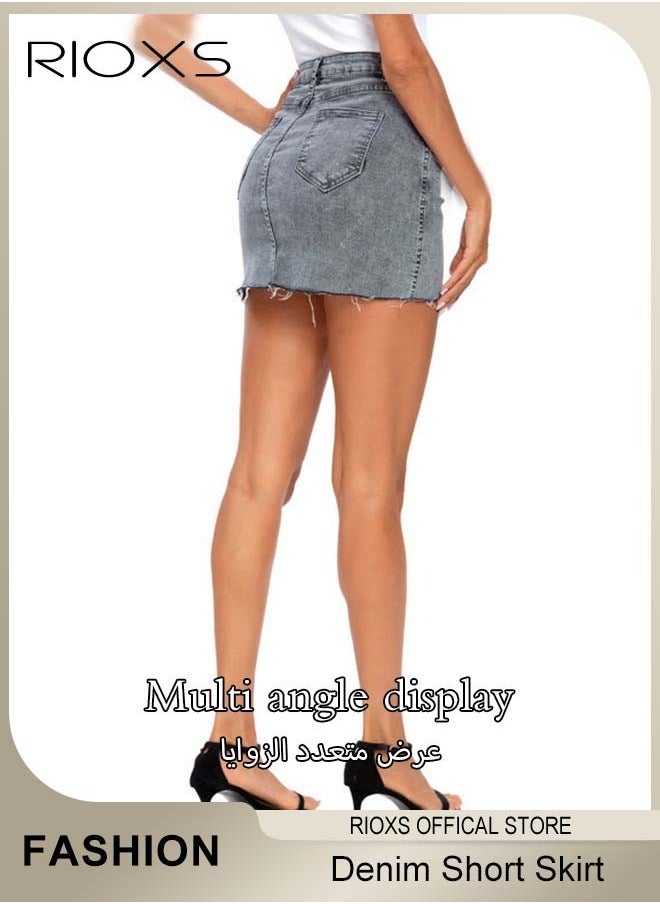 RIOXS Women's Denim Skirt, High Waist Slim Denim Short Skirt, Mini A-Line Skirt, Cargo Skirt with Pockets, Button Jean Skirt For Women, Pair With Sneakers/ High-Heeled Shoes/ Martin Boots, Denim on Denim Skirt for Women  - Image 3