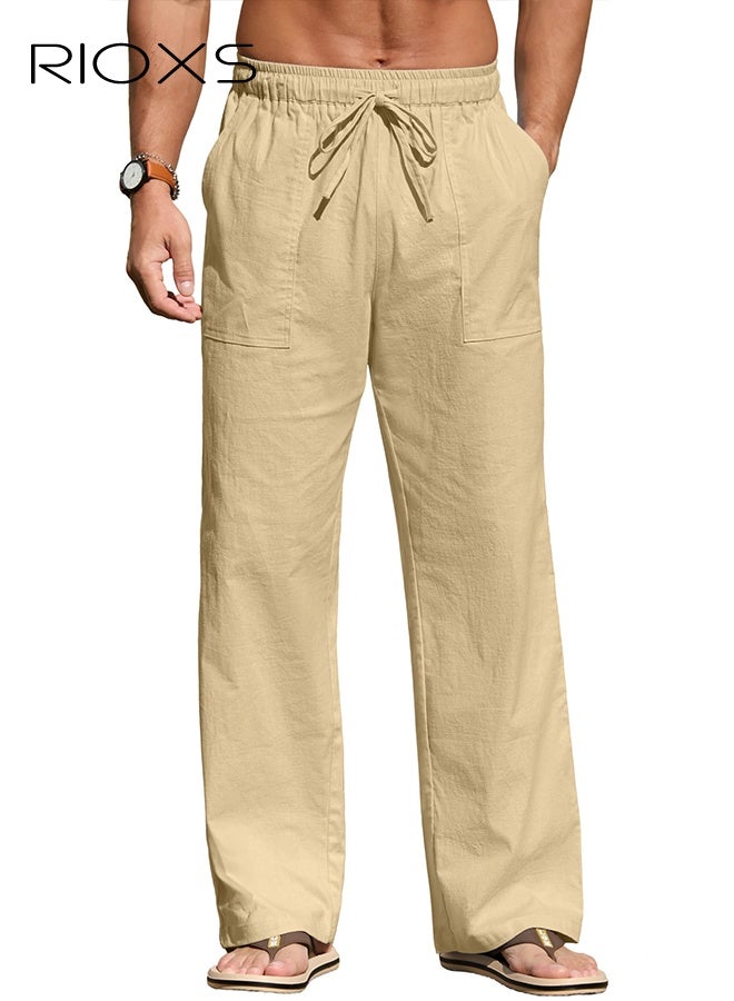 RIOXS Men's Khaki Relaxed Fit Cargo Pants, Low Rise Drawstring Waist Casual Trousers with Side Pockets, Loose Fit Beach Pants for Summer and Outdoor, Plus Size Streetwear Bottoms​, Oversized Cargo Trousers, Summer Streetwear Essentials, Young Men's Fashion Bottoms - Image 1
