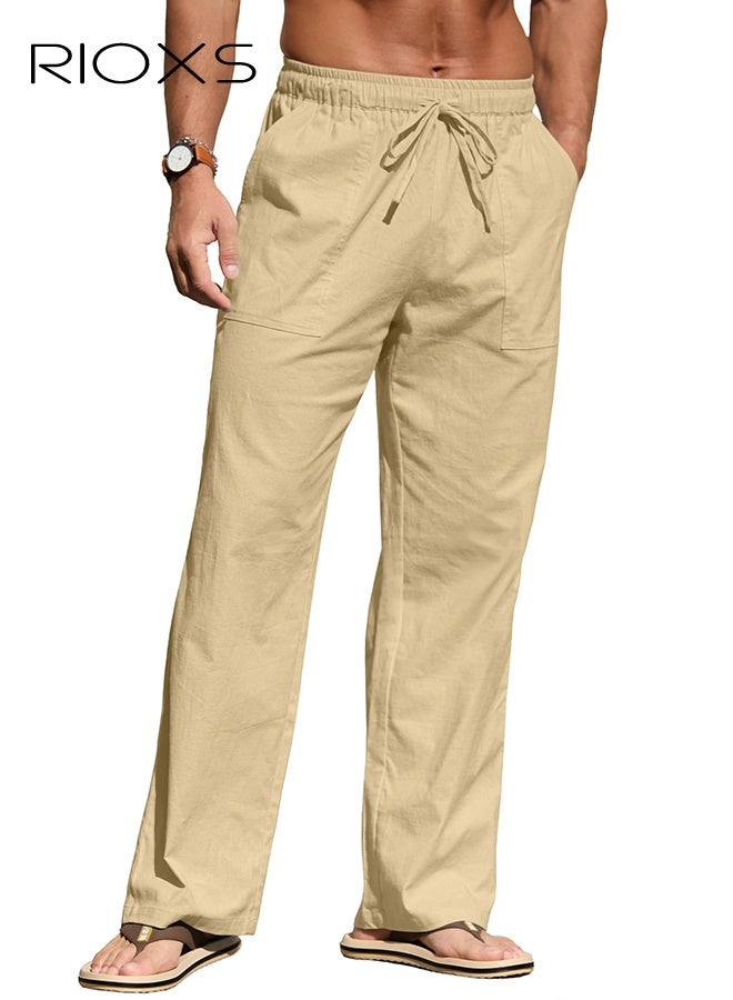RIOXS Men's Khaki Relaxed Fit Cargo Pants, Low Rise Drawstring Waist Casual Trousers with Side Pockets, Loose Fit Beach Pants for Summer and Outdoor, Plus Size Streetwear Bottoms​, Oversized Cargo Trousers, Summer Streetwear Essentials, Young Men's Fashion Bottoms - Image 3