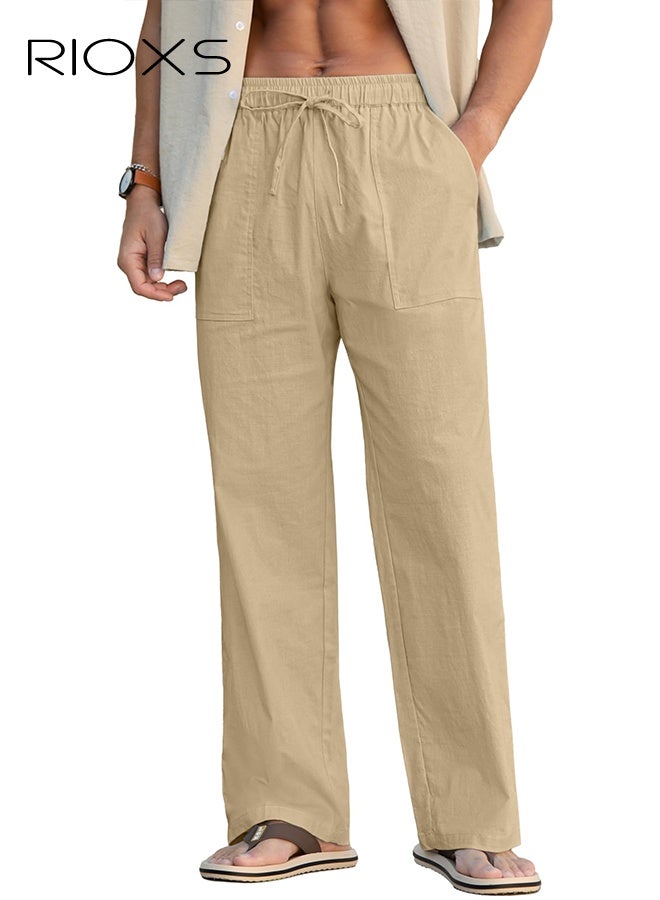 RIOXS Men's Khaki Relaxed Fit Cargo Pants, Low Rise Drawstring Waist Casual Trousers with Side Pockets, Loose Fit Beach Pants for Summer and Outdoor, Plus Size Streetwear Bottoms​, Oversized Cargo Trousers, Summer Streetwear Essentials, Young Men's Fashion Bottoms - Image 4