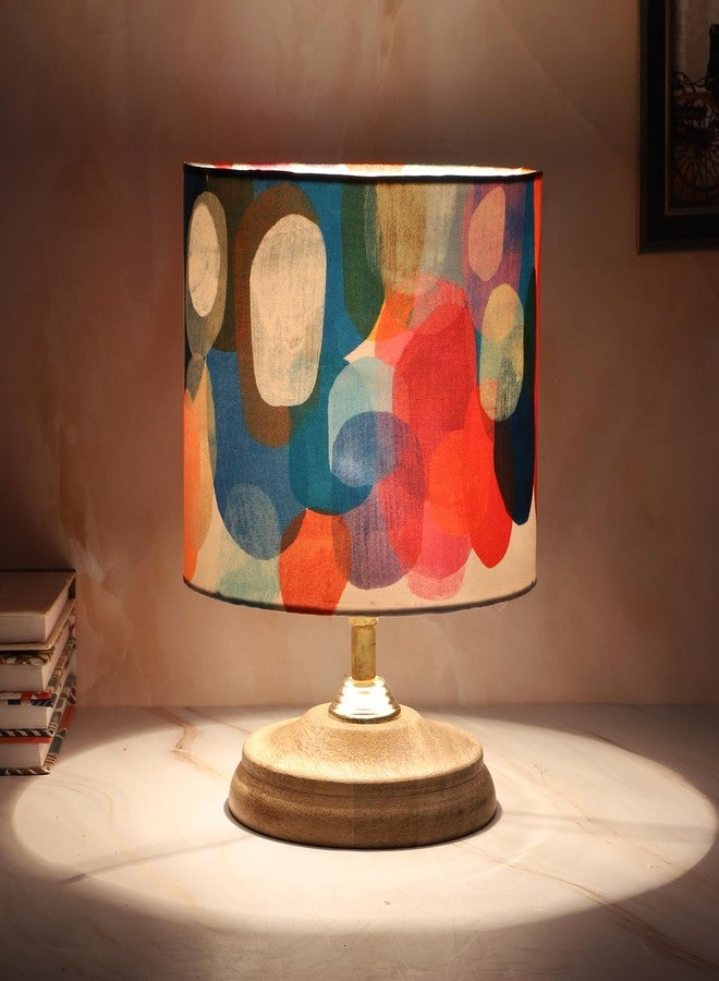 tu casa Mango Wood Circular Table Lamp | Abstract Print Shade Bedside Lamp for Bedroom Living Room Office Study | Decorative Home Décor Lighting & Gifting - Image 1