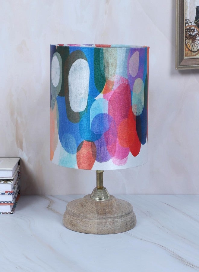 tu casa Mango Wood Circular Table Lamp | Abstract Print Shade Bedside Lamp for Bedroom Living Room Office Study | Decorative Home Décor Lighting & Gifting - Image 2