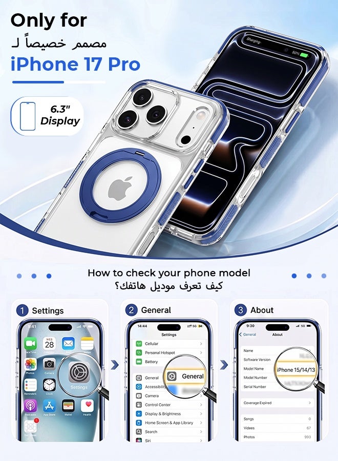 غطاء هاتف شفاف مغناطيسي لـ iPhone 17 Pro بلون أزرق، متوافق مع شحن MagSafe، مع حامل دوار 360 درجة، مقاوم للصدمات بدرجة عسكرية - Image 2