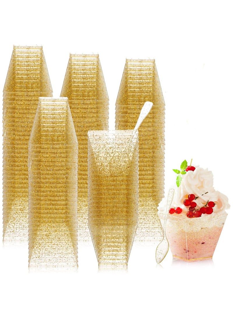50pcs  Trapezoidal Golden Glitter Dessert Cup, Clear Plastic Cup, Reusable Transparent Square Party Cup with Golden Powder Decoration for Appetizers, Chocolate, Ice Cream, Fruit, Etc - Image 1