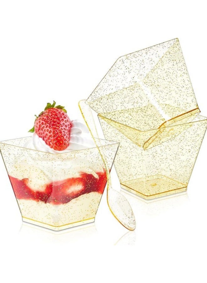 50pcs  Trapezoidal Golden Glitter Dessert Cup, Clear Plastic Cup, Reusable Transparent Square Party Cup with Golden Powder Decoration for Appetizers, Chocolate, Ice Cream, Fruit, Etc - Image 2