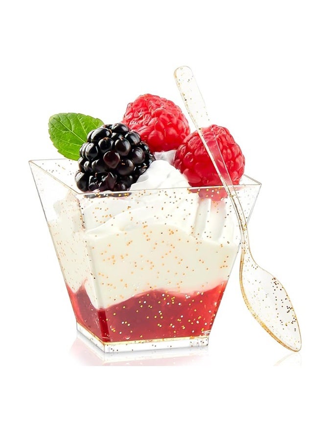 50pcs  Trapezoidal Golden Glitter Dessert Cup, Clear Plastic Cup, Reusable Transparent Square Party Cup with Golden Powder Decoration for Appetizers, Chocolate, Ice Cream, Fruit, Etc - Image 3