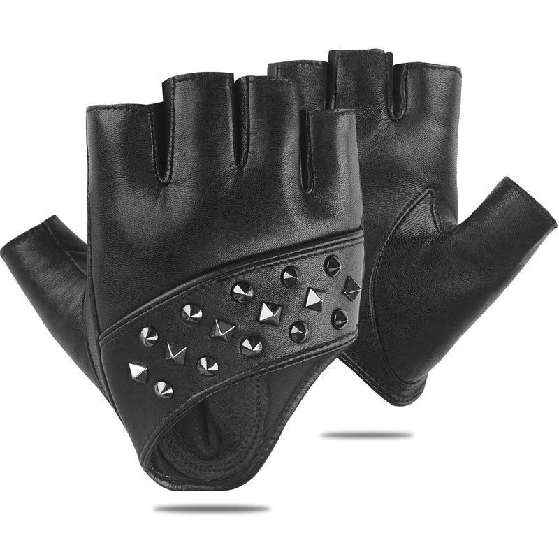FIORETTO Womens Fingerless Leather Gloves for Driving Unlined Half Finger Punk Gloves for Motorcycle, Goth Cosplay Costume Black Large - Image 1