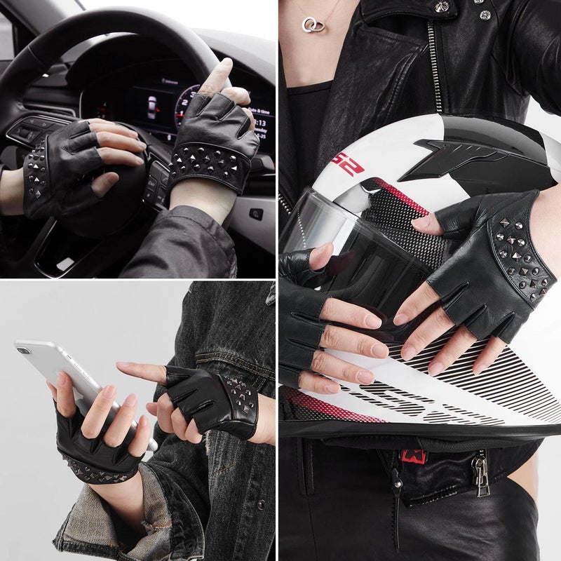 FIORETTO Womens Fingerless Leather Gloves for Driving Unlined Half Finger Punk Gloves for Motorcycle, Goth Cosplay Costume Black Large - Image 4