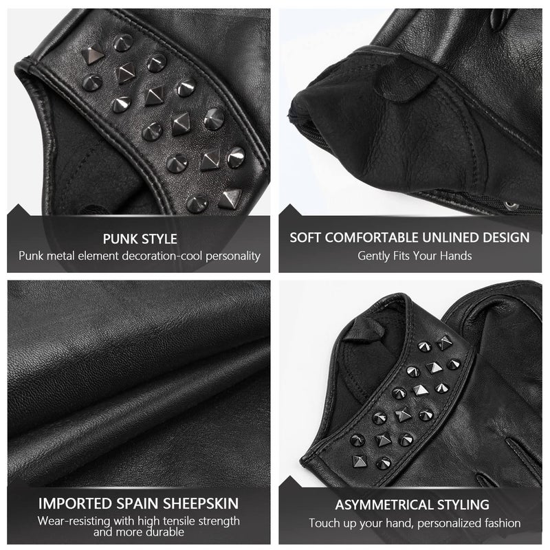 FIORETTO Womens Fingerless Leather Gloves for Driving Unlined Half Finger Punk Gloves for Motorcycle, Goth Cosplay Costume Black Large - Image 3