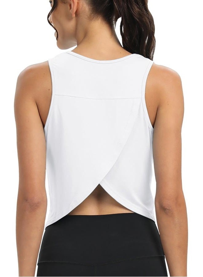 MIPPO Workout Tops for Women Cropped Open Back Sleeveless Tank Tops Athletic Gym Yoga Shirts Loose Fit, White, L - Image 1
