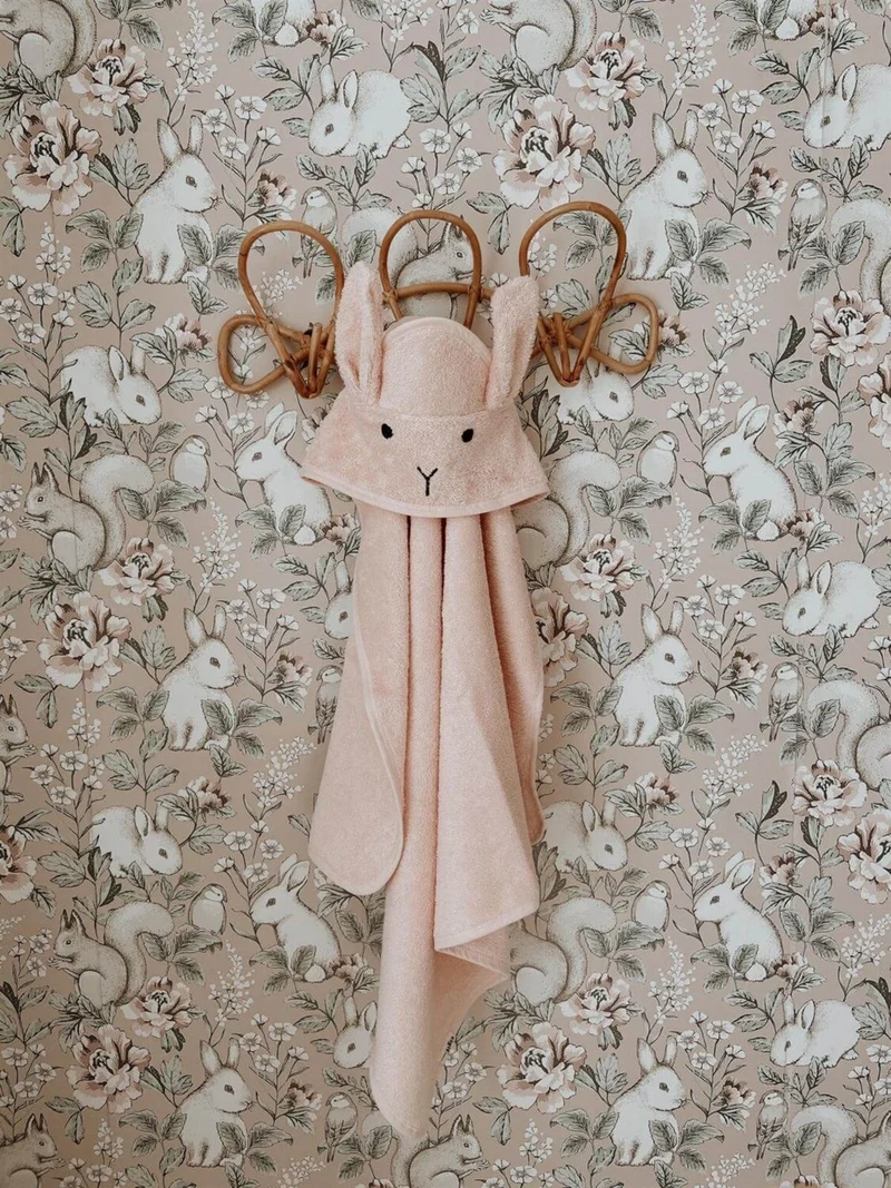 Cigit Jigit Eared Rabbit Embroidered Baby Bath Towel 75X75 cm Powder Pink