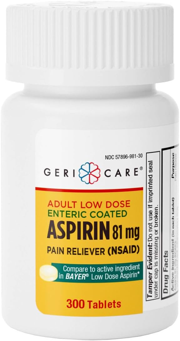 GeriCare Low Dose Enteric Coated Aspirin 81mg Pain Reliever 300 Count Pack of 1 - Image 1