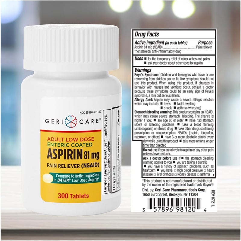GeriCare Low Dose Enteric Coated Aspirin 81mg Pain Reliever 300 Count Pack of 1 - Image 3