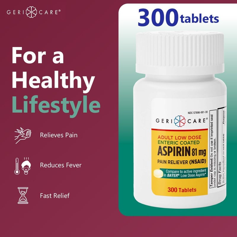 GeriCare Low Dose Enteric Coated Aspirin 81mg Pain Reliever 300 Count Pack of 1 - Image 4