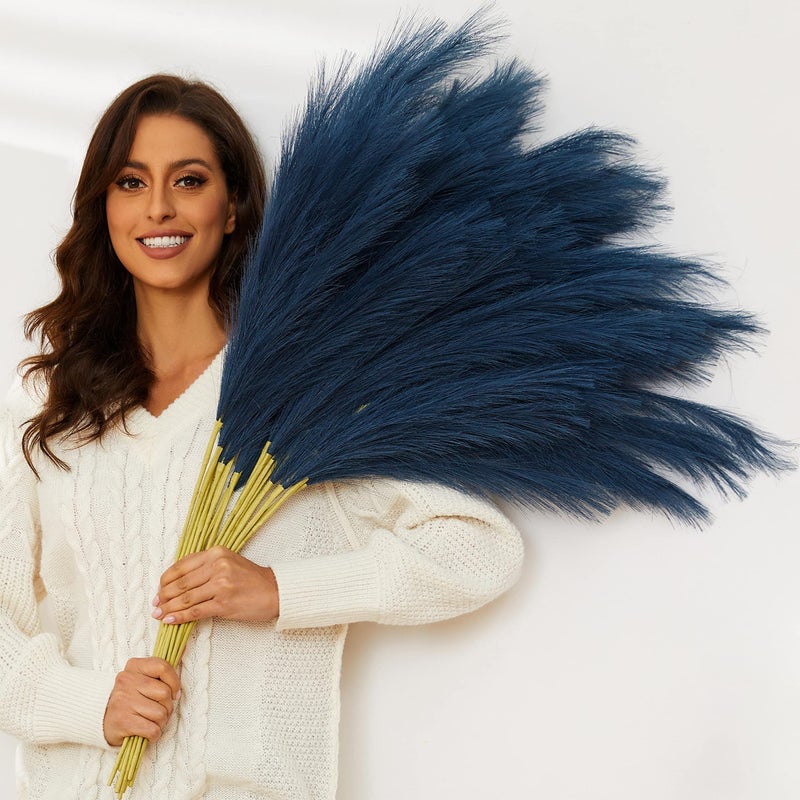 QUBITFUL Blue Pampas Grass 9 PCS 3731FT Tall Fluffy Fake Pompas Floral Large Faux Pompous Grass Branches for Floor Vase Fillers Boho Farmhouse Room Wedding Decor Blue
