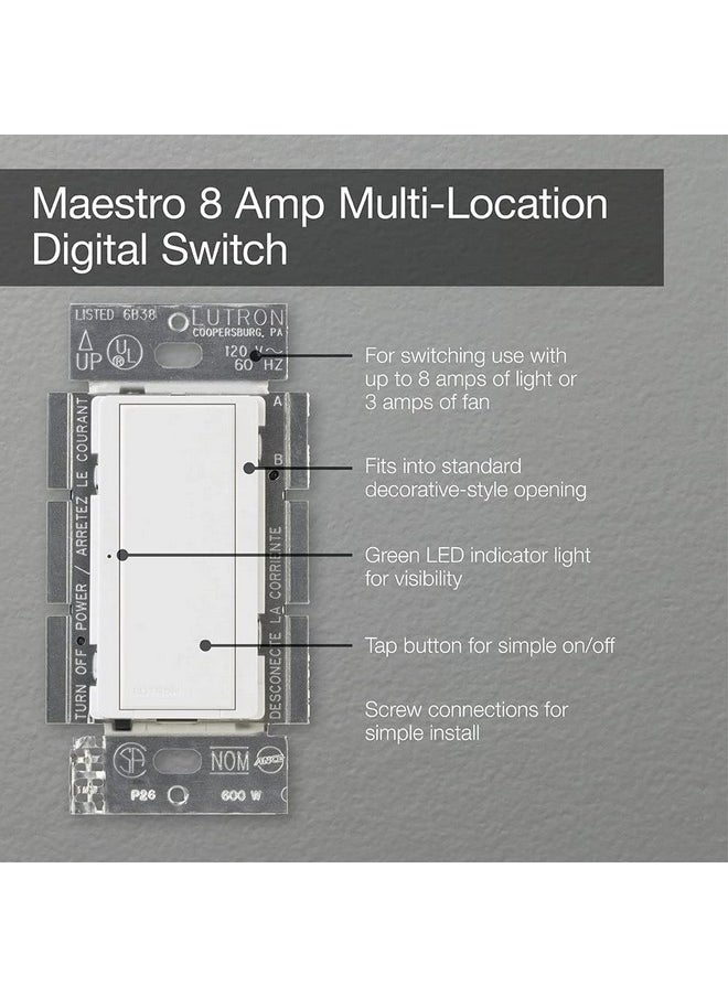 LUTRON Lutron Maestro Digital Switch, 8A Single Pole/Multi Location, MA-S8AM-WH, White  - Image 4