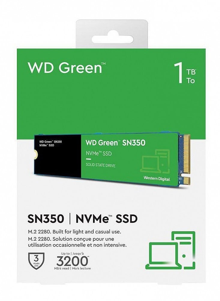 WD Green SN350 1TB NVMe SSD – M.2 2280 PCIe Gen3 Solid State Drive, 3200MB/s Read Speed, 3D NAND, 3-Year Warranty – Ideal for Laptops & Desktops