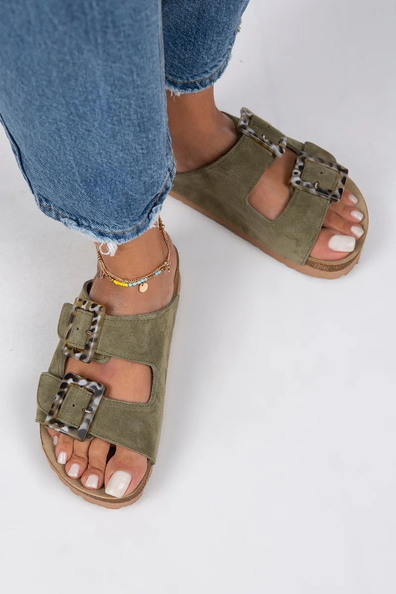 Manijero Manjero Alona Women's Genuine Leather Double Buckle Water Green Slippers