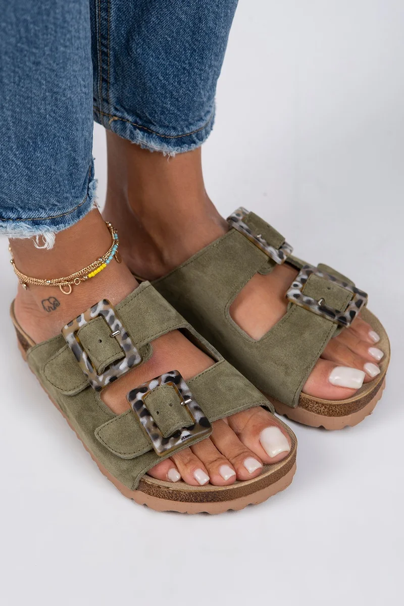 Manijero Manjero Alona Women's Genuine Leather Double Buckle Water Green Slippers