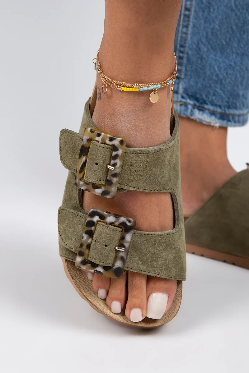 Manijero Manjero Alona Women's Genuine Leather Double Buckle Water Green Slippers