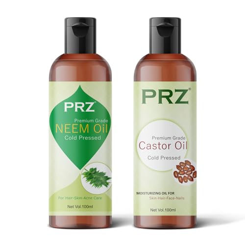 PRZ Combo of Cold Pressed Neem Oil & Castor Oil, 100% Pure & Natural Oil for Hair, Skin and Body Massage (100ML Each) - Image 1