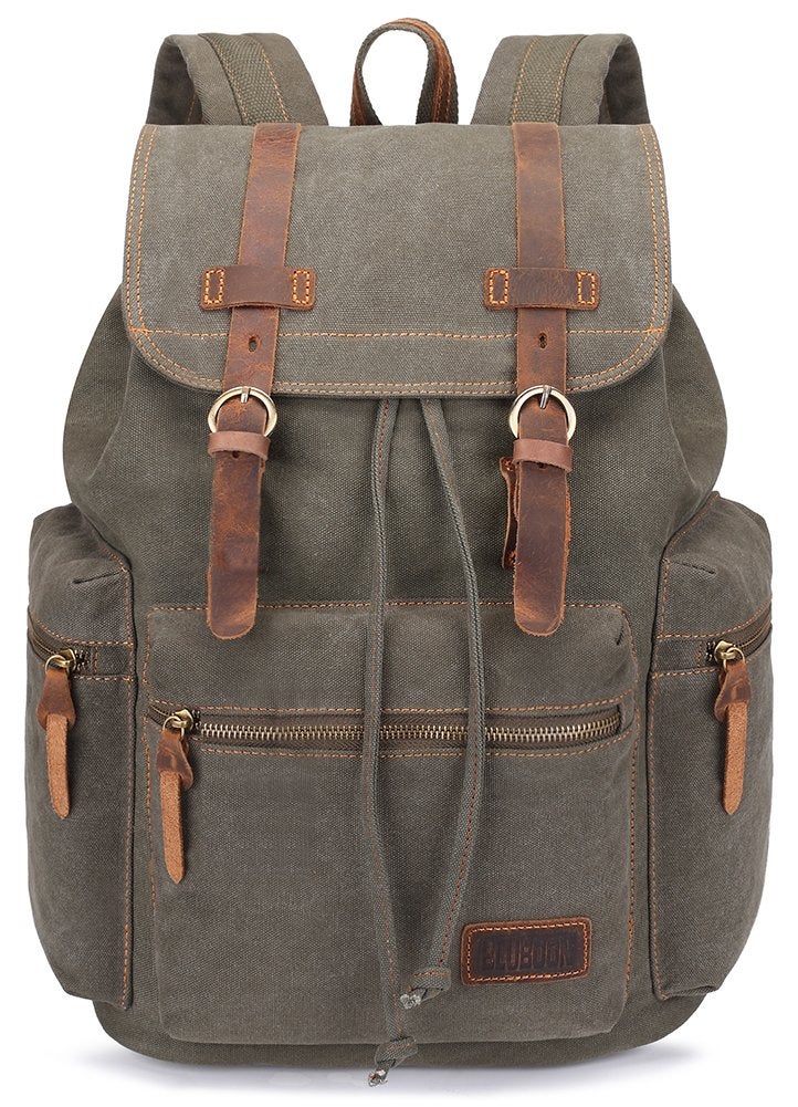 Bluboon Canvas Vintage Backpack Leather Casual Bookbag Men Rucksack Green