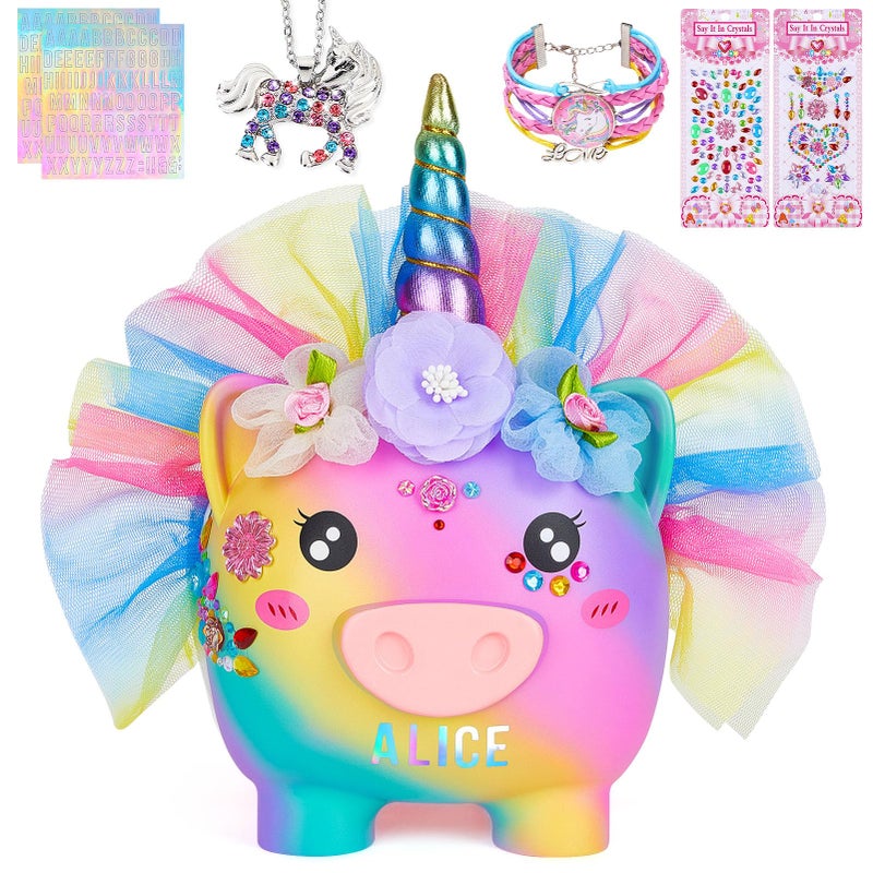 Piggy Bank for Girls Large Unicorn Piggy Banks with Necklace Bracelet DIY Stickers Cute Coin Piggybank Unbreakable for Toddler Kids Christmas Birthday Gifts Rainbow with Rainbow Dress M