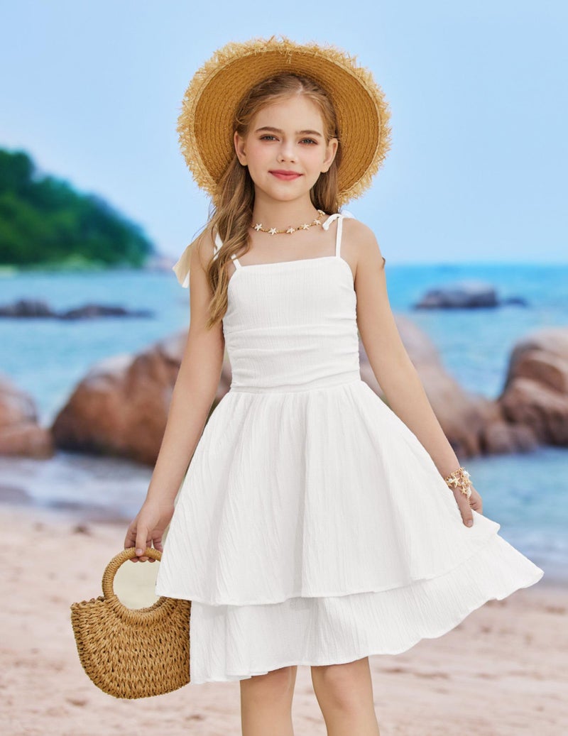 Arshiner Girl White Dress Summer Beach Boho Hawaiian Casual Wedding Easter Formal Spaghetti Strap Midi Teen Sundress Size 7 - Image 4