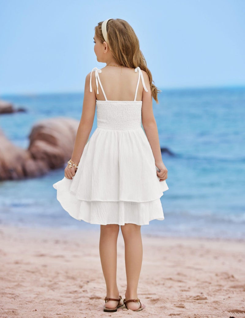 Arshiner Girl White Dress Summer Beach Boho Hawaiian Casual Wedding Easter Formal Spaghetti Strap Midi Teen Sundress Size 7 - Image 3