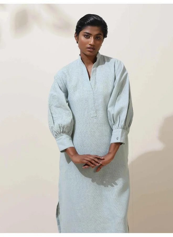 trueBrowns Nilah Blue Embroidered Natural Cotton Kurta Pant Set