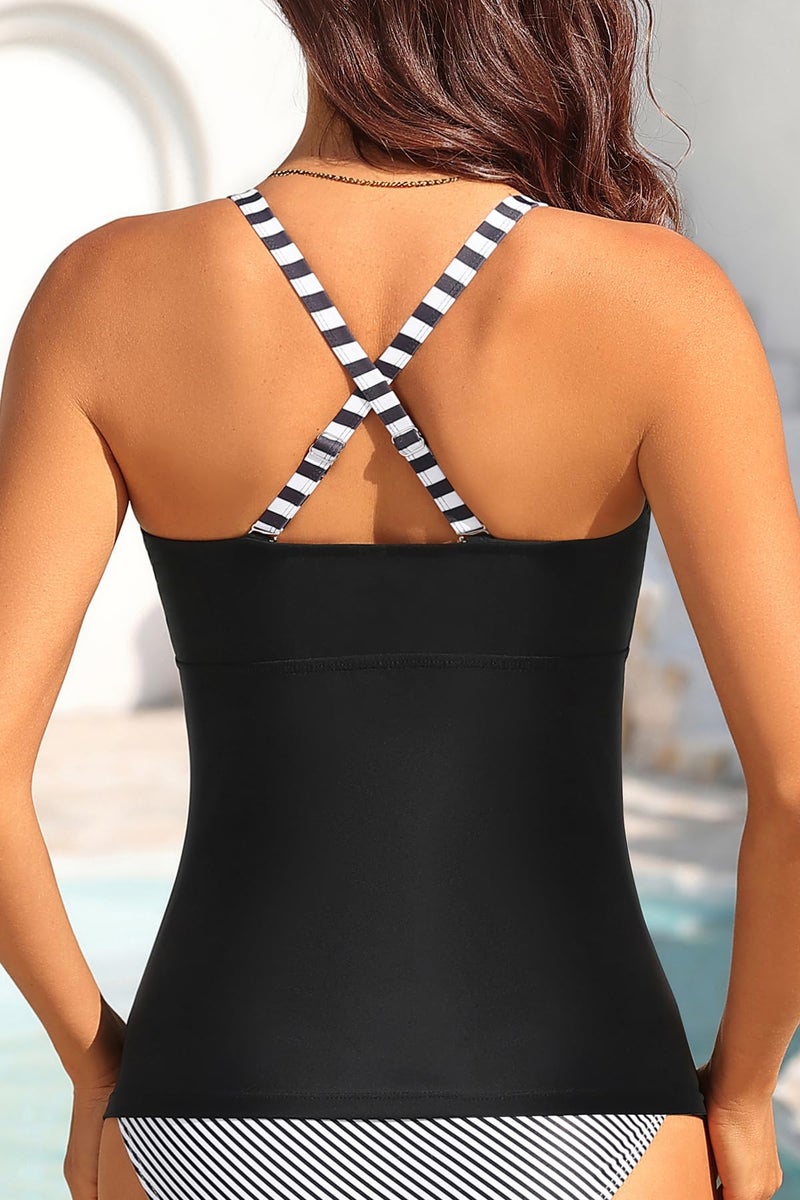 Talisea Women's Underwire Tankini Top Only Tummy Control Swimsuit Top Push Up Bathing Suit Top No Bottom Black White Stripes L - Image 2