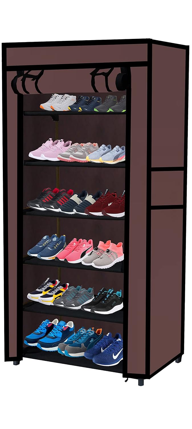 SANAMSTORE Multi Utility 6 Layer Shelf Collapsible Metal Pipes with NonWoven 100GSM Fabric Cover for ShoeClothToyBooks Rack Brown Metal - Image 2