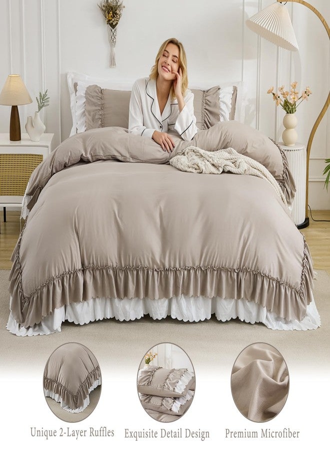 Herside Taupe Ruffle Comforter Set Queen Size,Shabby Chic Boho Bedding Sets, Soft Fluffy Comforters Sets for All Season,Vintage Ruffled 3 Pcs Microfiber Lightweight Quilt Set for Women Girls - Image 2