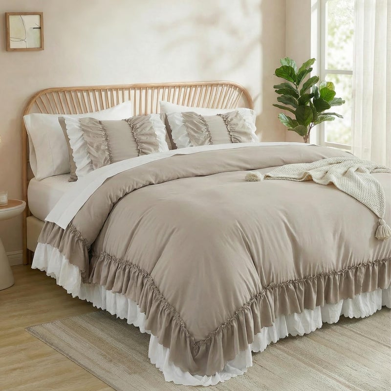 Herside Taupe Ruffle Comforter Set Queen Size,Shabby Chic Boho Bedding Sets, Soft Fluffy Comforters Sets for All Season,Vintage Ruffled 3 Pcs Microfiber Lightweight Quilt Set for Women Girls - Image 1