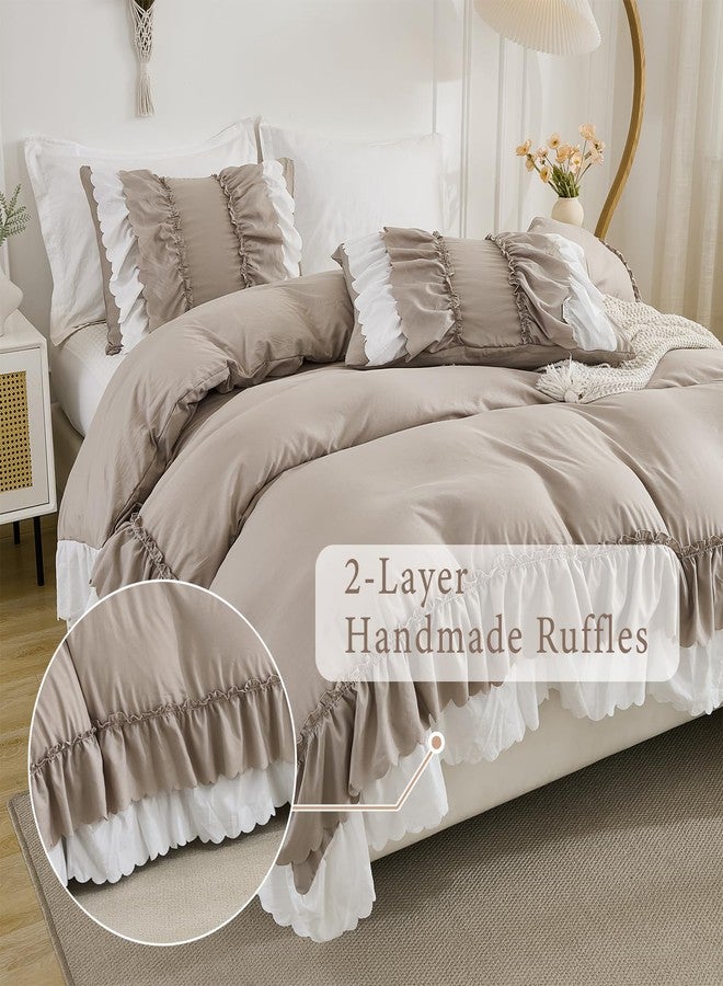 Herside Taupe Ruffle Comforter Set Queen Size,Shabby Chic Boho Bedding Sets, Soft Fluffy Comforters Sets for All Season,Vintage Ruffled 3 Pcs Microfiber Lightweight Quilt Set for Women Girls - Image 4
