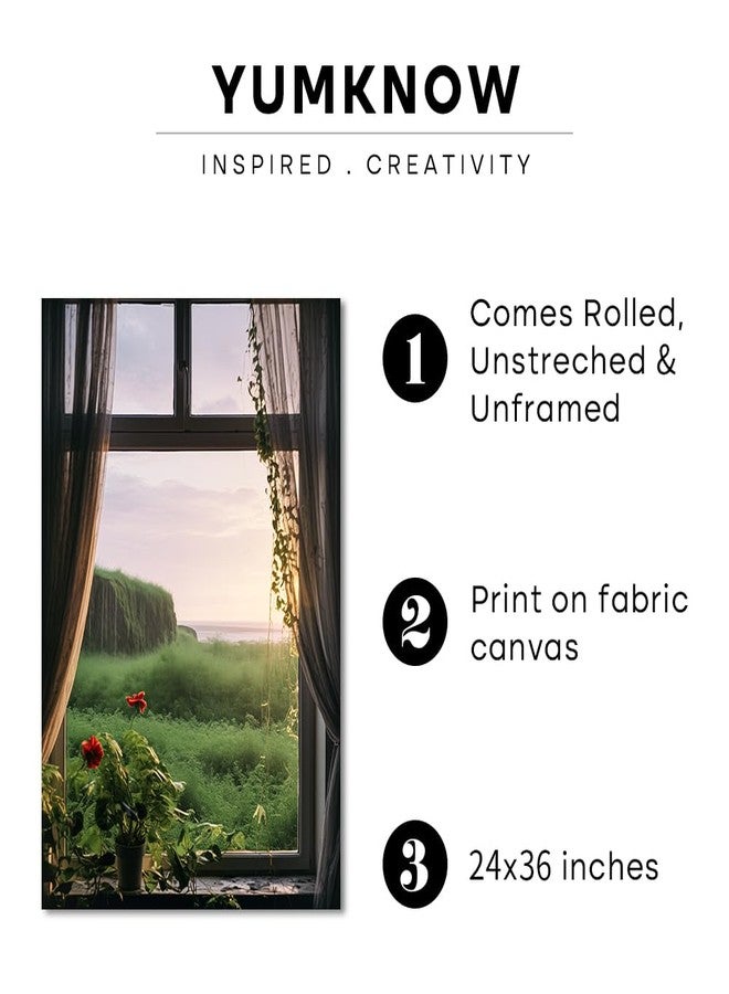 YUMKNOW Rolled Canvas 24x36 Print Wall Decor - Windows View to Nature Wall Art - Decoration Bedroom, Living Room, Office - Serene Floral Grassland Seaside Beachfront Sea Ocean - Spring Summer Coastal Seashore - Image 2