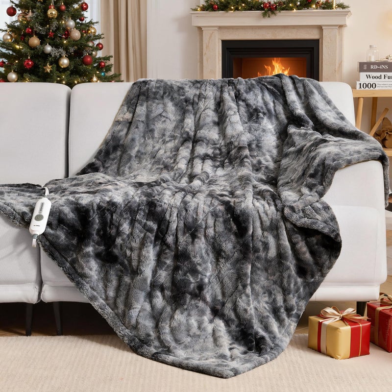 WOOMER Heated Blanket Throw 50" x 60", Electric Blanket Throw with 4 Heating Levels & 4H Auto Off, ETL Certified, Marble Grey Double-Sided Faux Fur, Over-Heat Protect, Machine Washable - Image 1