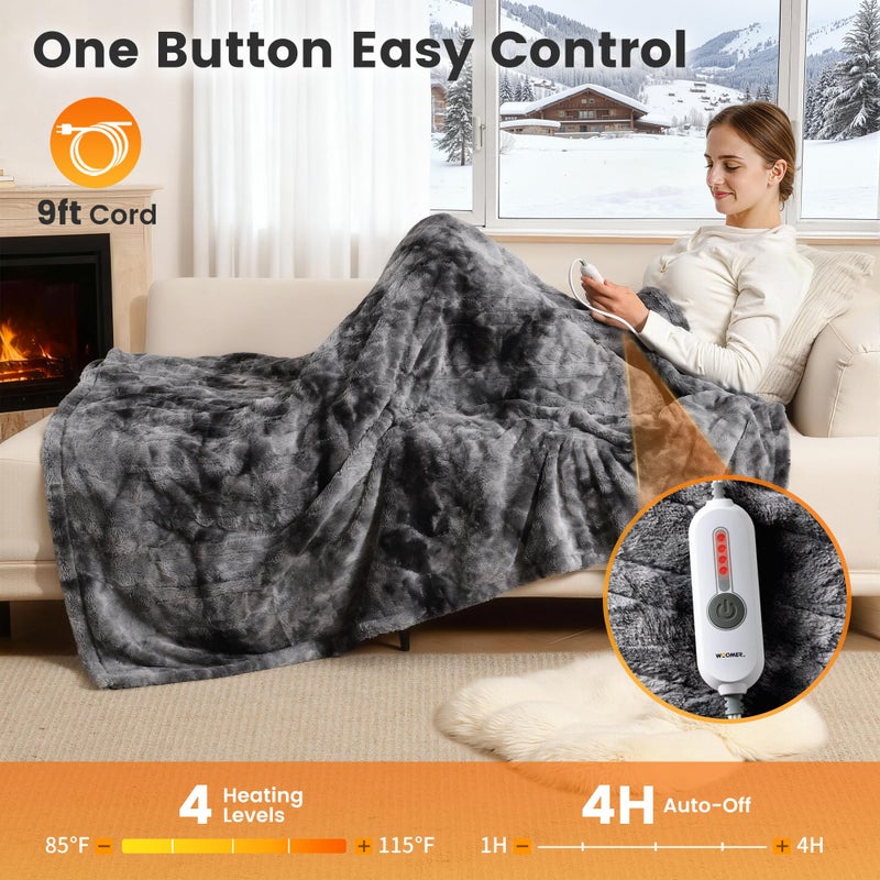 WOOMER Heated Blanket Throw 50" x 60", Electric Blanket Throw with 4 Heating Levels & 4H Auto Off, ETL Certified, Marble Grey Double-Sided Faux Fur, Over-Heat Protect, Machine Washable - Image 3