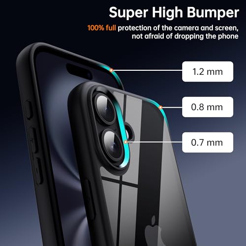 Supdeal Shockproof Clear Case for iPhone 16, [Camera Control Button] [10FT Military Drop Protection] Hard Clear Silicone Edge Four Corner Airbags Protection Phone Cover, 6.1", Black - Image 2
