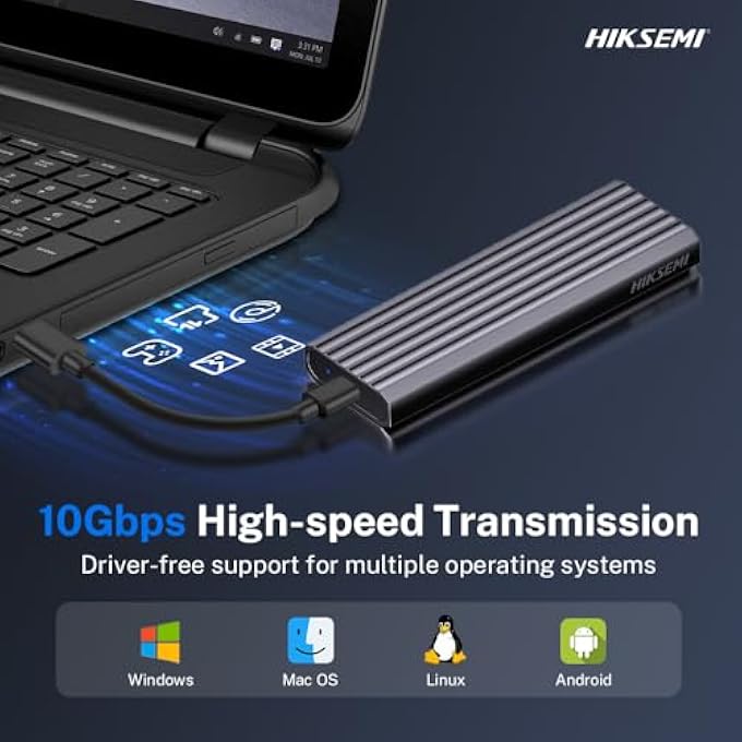 HIKSEMI M.2 NVME SSD ENCLOSURE, USB C 3.2 GEN 2 10GBPS M2 USB SSD ADAPTER, ALUMINUM TOOLLESS NVME SSD CASE FOR PCIE M-KEY/M+B KEY SSD SIZE 2230/2242/2260/2280, SUPPORT UASP TRIM - Image 3