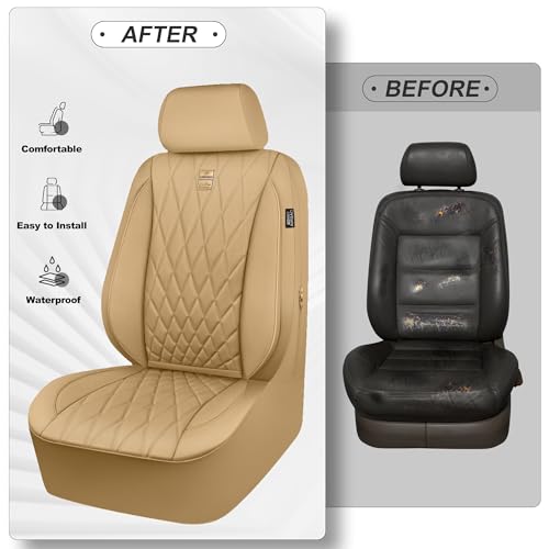 CAR PASS أغطية مقاعد السيارة الفاخرة من CAR PASS من جلد PU، مقاومة للماء وغير قابلة للانزلاق، متوافقة مع مساند الذراع الأمامية، تناسب عالمي للسيارات الرياضية، الفانات، والشاحنات، متوافقة مع الوسائد الهوائية (بيج)  - Image 5