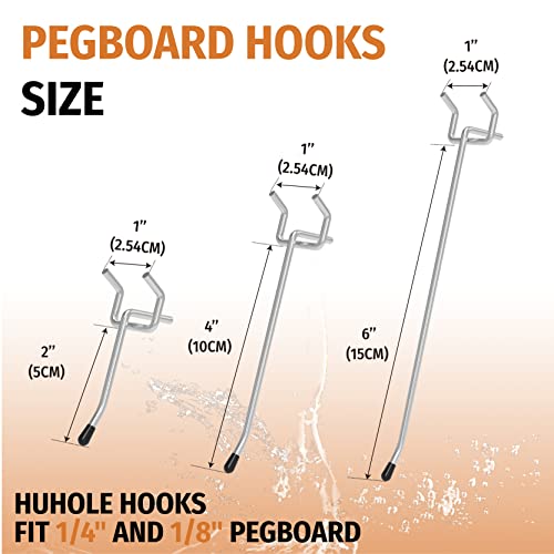 HUHOLE Pegboard Hooks 4 Inch 50PC, Ideal Garage Organization, Wall Storage Tool Organizer, Fit 1/4" 1/8" Peg Board with Plastic Tip (Silver, 4 Inch) - Image 4