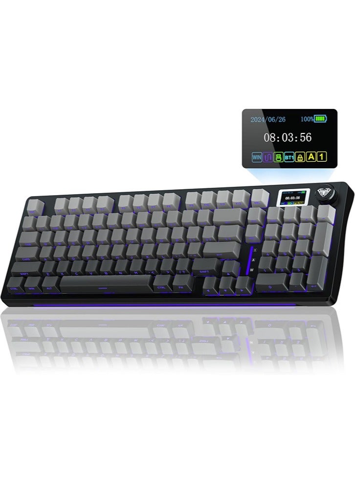 أولا لوحة مفاتيح ميكانيكية لاسلكية AULA S98 Pro مع شاشة ومقبض، 2.4 جيجاهرتز/USB-C/BT5.0، لوحة مفاتيح كريمية قابلة للتبديل السريع، مفاتيح خطية مُشحمة مسبقًا، أغطية مفاتيح PBT مطبوعة على الجانب، لوحات مفاتيح ألعاب بإضاءة خلفية RGB - Image 1