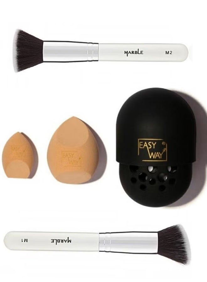 EasyWay Make up Set of 2 Contour Sponges + Foundation Blender with Case +MARBLE Face Makeup Brush M1 - Image 1