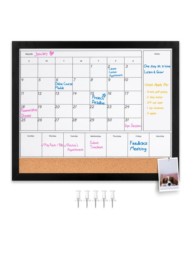 Aitakatta 4-in-1 Dry Erase Calendar for Wall with Black Wooden Frame, 17x13 inches Magnetic Monthly & Weekly Planner Whiteboard, Cork Board Combo, Hanging White Board for Decor/Memo(4H1-BK Wood,4333) - Image 1