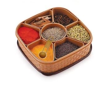 ImegaZ 7 IN 1 Spice Box with Spoon Masala Dabba Masala Box For Kitchen Masala Dani For Kitchen Brown Pack of 1 - Image 1