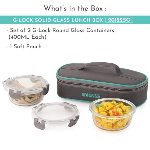 Magnus Glock Solid Glass Lunch Box with Flat Pouch and Detachable Clip, Includes 2 Round Airtight, Leakproof, Microwave Safe Borosilicate Glass Containers, 400 ML Each - Premium Lunch Boxes - Image 2